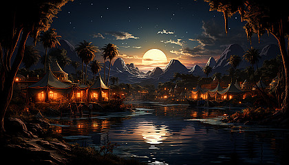 Desert oasis at night, star-filled sky, Bedouin tents, a tranquil pond, palm trees, and camels resting nearby.