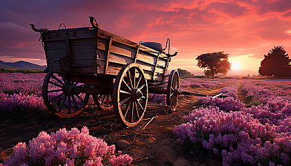 Serene lavender field at dawn, with a rustic wooden cart, a gentle mist, and the first rays of the sun illuminating the flowers.