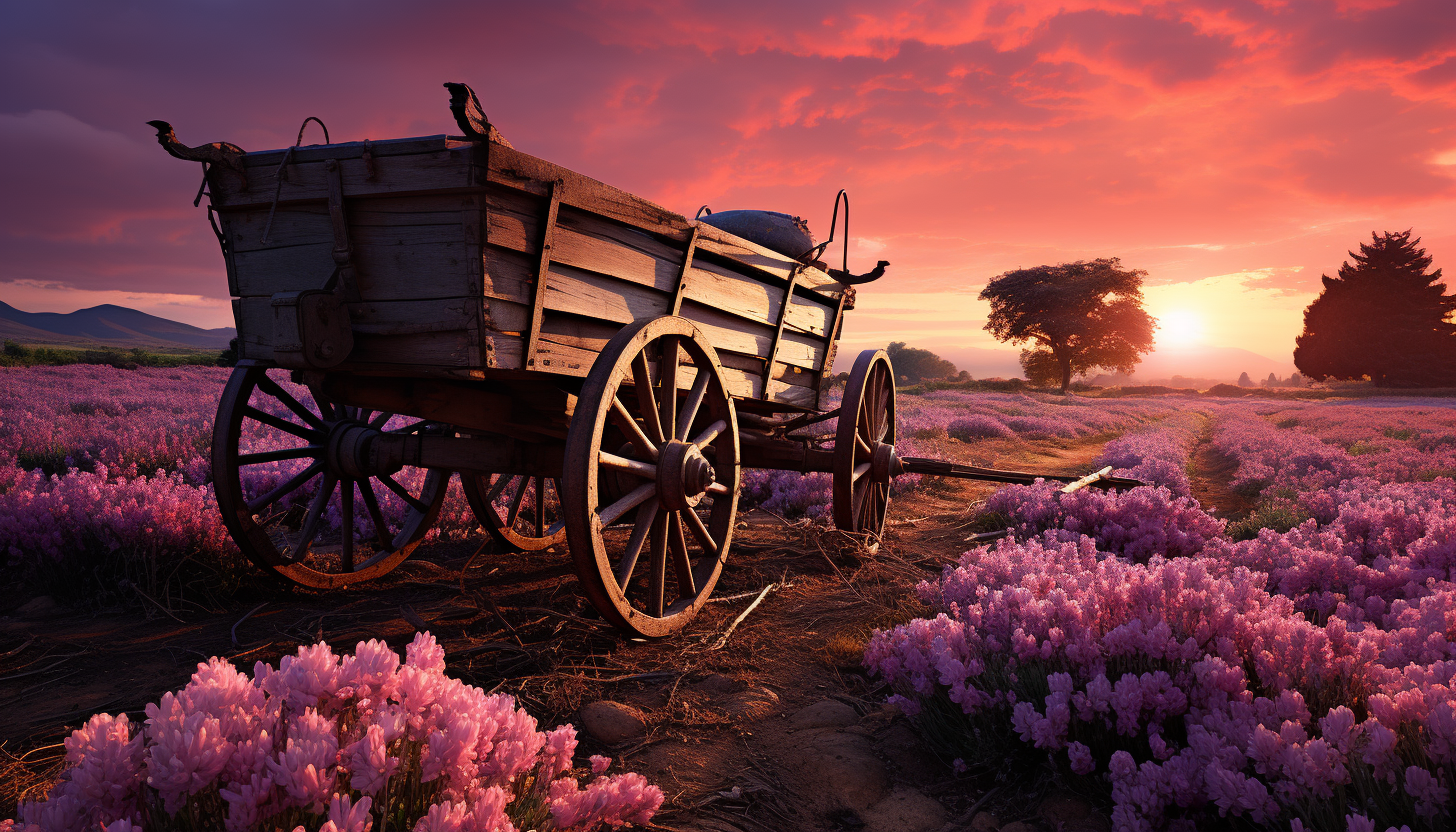 Serene lavender field at dawn, with a rustic wooden cart, a gentle mist, and the first rays of the sun illuminating the flowers.