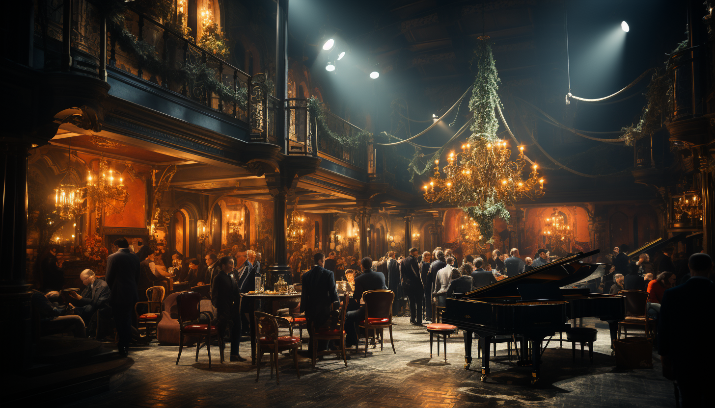 Classic 1920s jazz club interior, dimly lit, with a band on stage, elegantly dressed patrons, and a vintage bar.