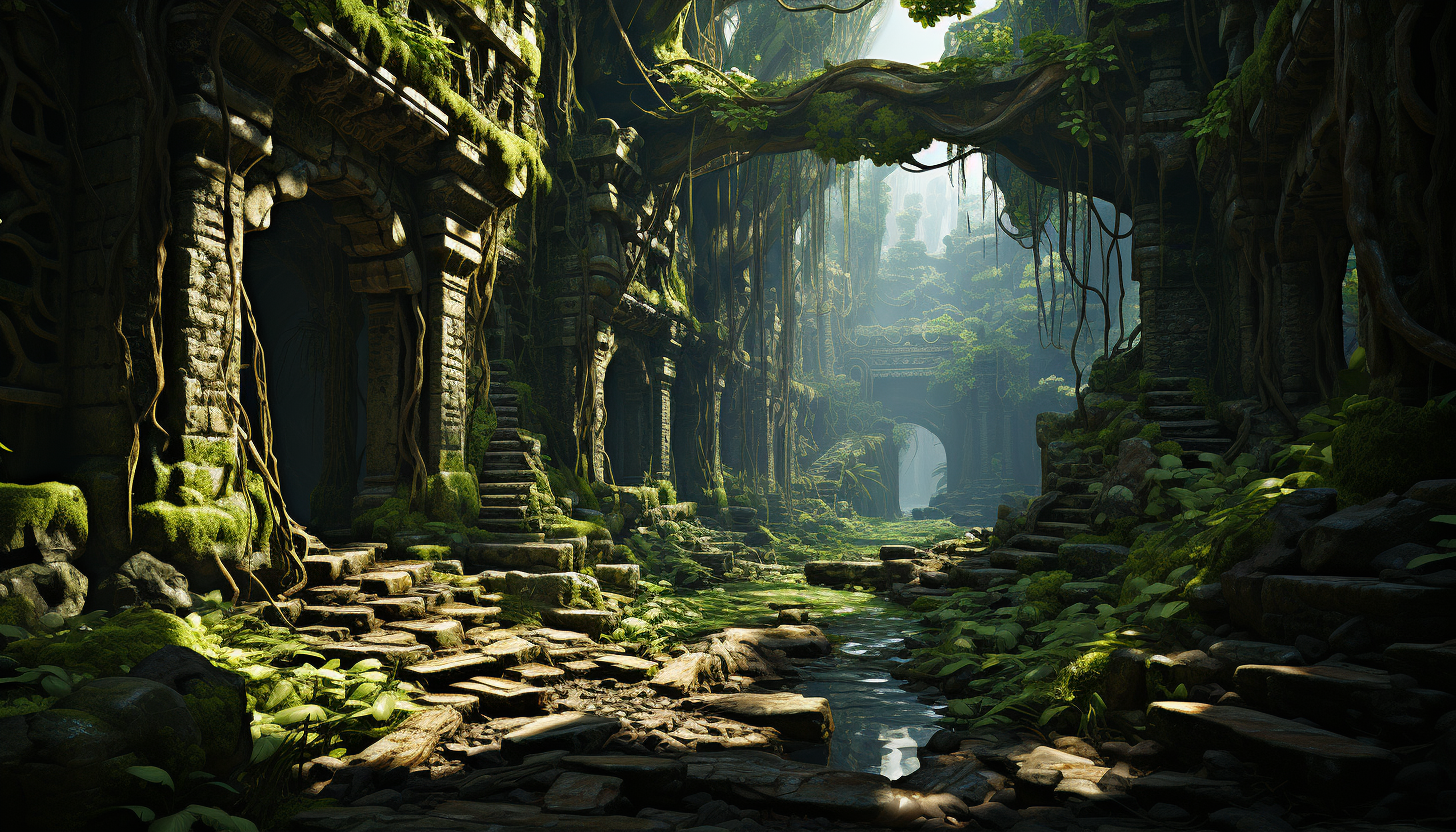 Abandoned ancient temple in a dense jungle, overrun by vines, with sunlight filtering through the canopy and hidden treasures inside.