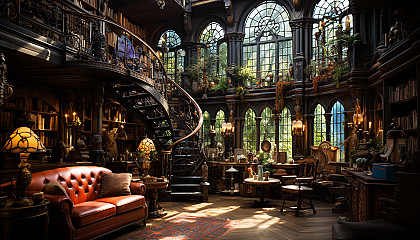 Large, ancient library with towering bookshelves, spiral staircases, antique globes, and a large stained glass window casting colorful light.