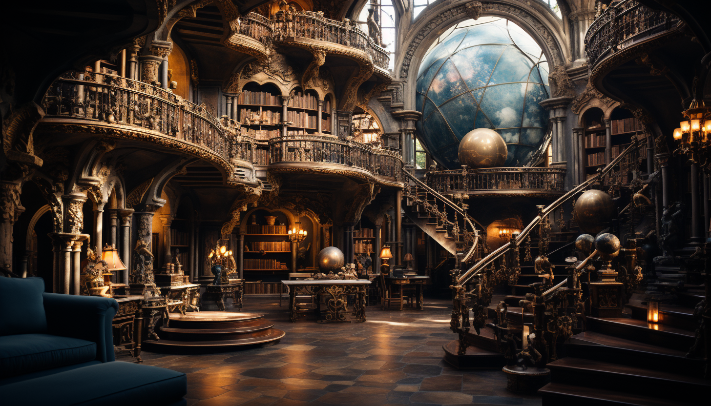 Ancient library with towering bookshelves, spiral staircases, secret passages, and a large globe in the center.