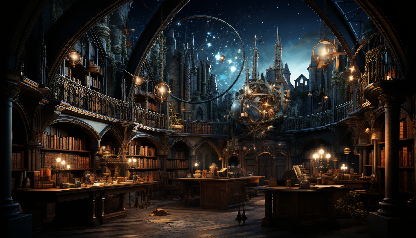 Ancient library with towering bookshelves, globes, celestial maps, mysterious artifacts, and a large, arched window showing a starry night.