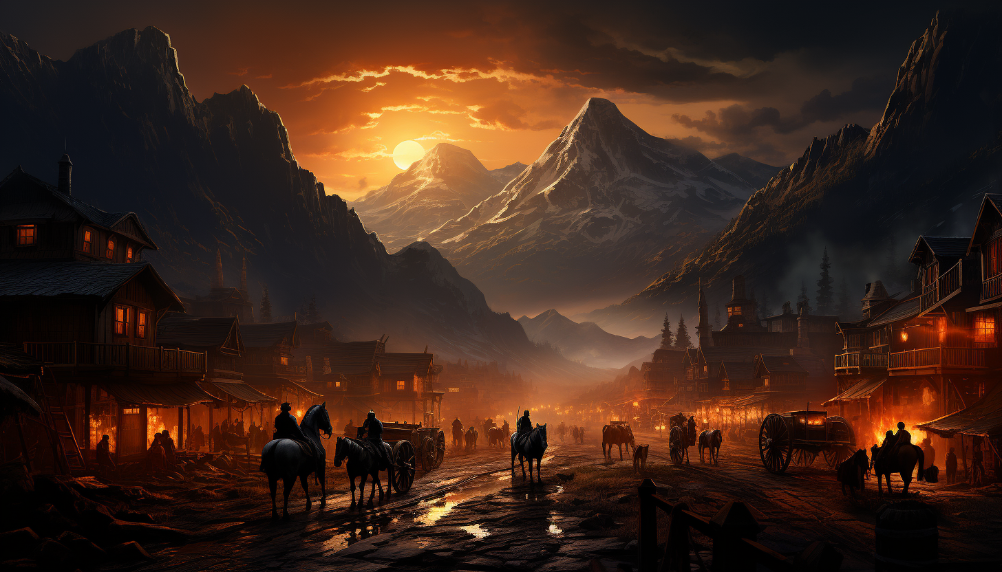 Old Western town in the dusk, with a saloon, horse-drawn carriages, dusty roads, and cowboys gathering around a fire.