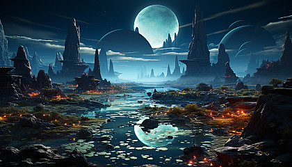 Mysterious alien landscape with bizarre plants, floating rocks, a glowing river, and a distant spacecraft.