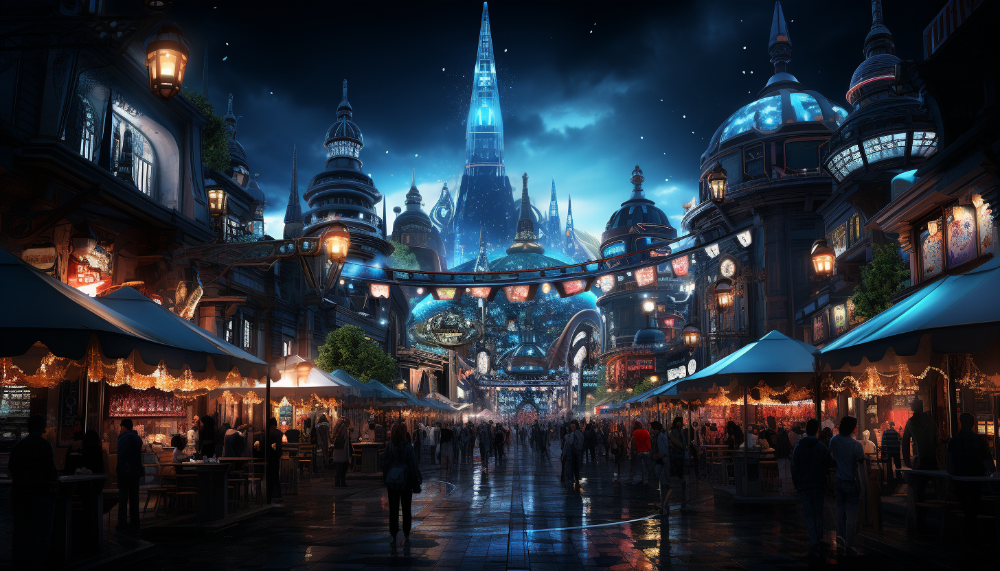 Cyberpunk alley in a neon-lit city, with holographic signs, futuristic street vendors, and a diverse crowd of cyber-enhanced citizens.