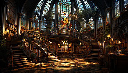 Ancient library filled with towering bookshelves, spiral staircases, mystical artifacts, and soft light filtering through stained glass windows.