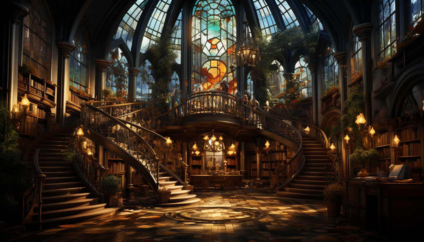 Ancient library filled with towering bookshelves, spiral staircases, mystical artifacts, and soft light filtering through stained glass windows.