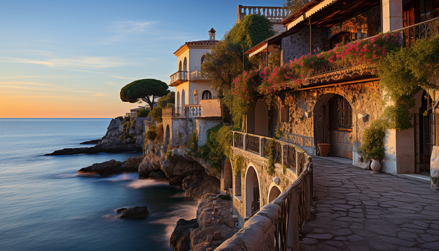 Mediterranean coastal village at sunset, whitewashed houses, terracotta roofs, azure sea, and winding streets with flowering vines.