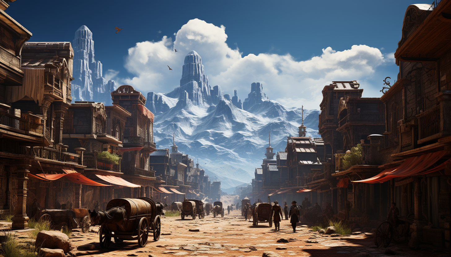 Old Western town at high noon, with a dusty main street, saloon, horse-drawn carriages, and cowboys having a standoff.