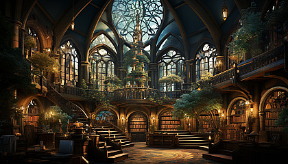 Ancient library filled with towering bookshelves, spiral staircases, mystical artifacts, and soft light filtering through stained glass windows.