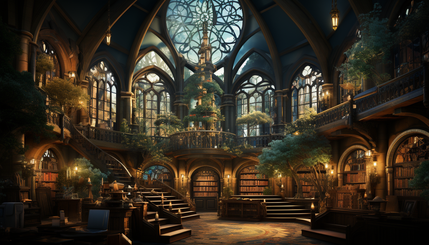 Ancient library filled with towering bookshelves, spiral staircases, mystical artifacts, and soft light filtering through stained glass windows.