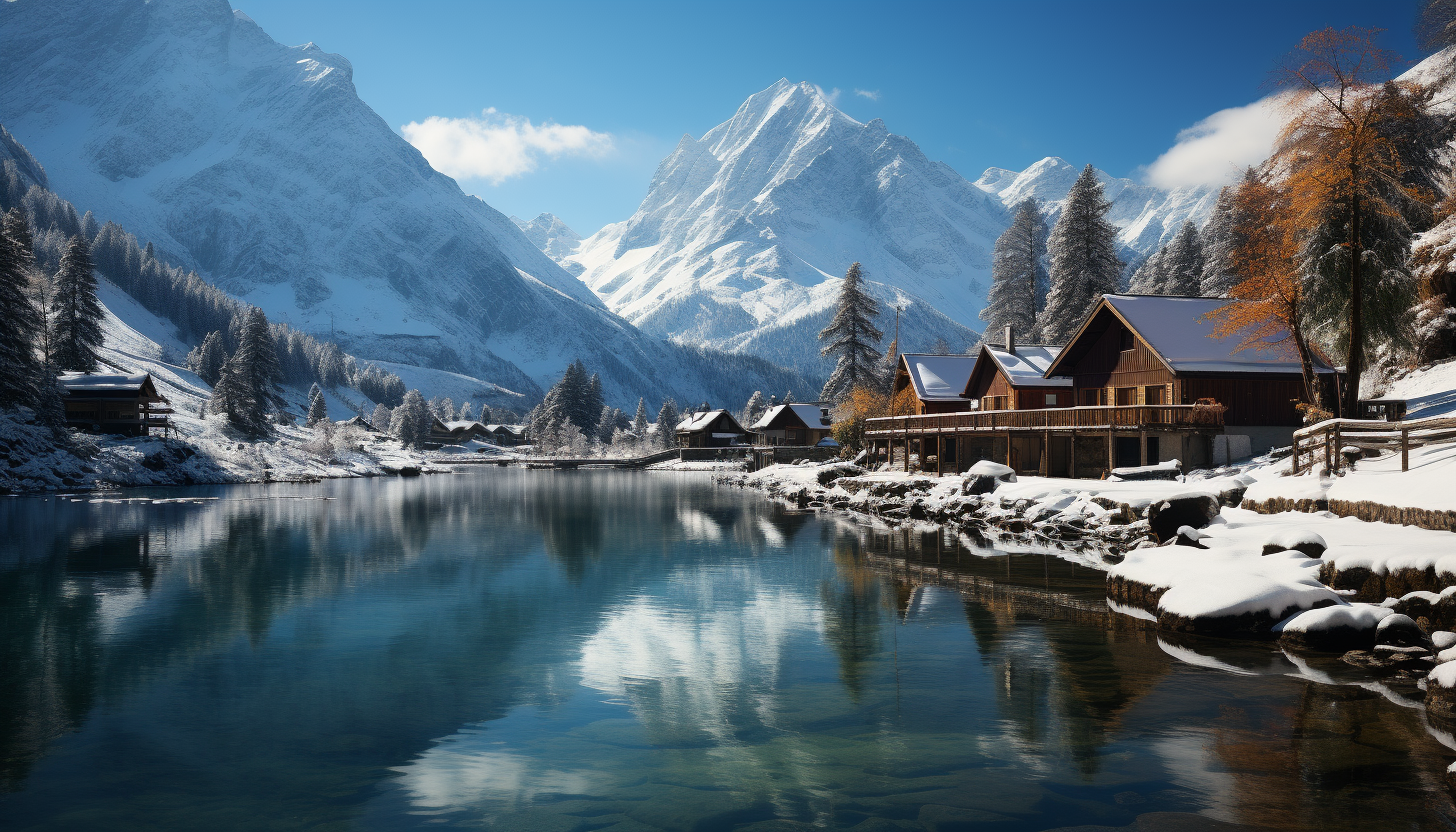 Serene Alpine village in winter, with snow-covered chalets, a frozen lake, skiers, and a backdrop of majestic mountains.