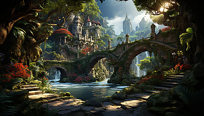 Lush rainforest canopy, vibrant tropical birds, a hidden waterfall, and ancient ruins covered in vines.