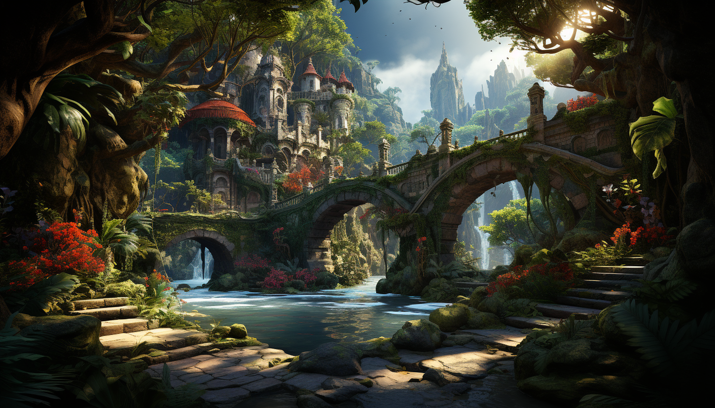 Lush rainforest canopy, vibrant tropical birds, a hidden waterfall, and ancient ruins covered in vines.