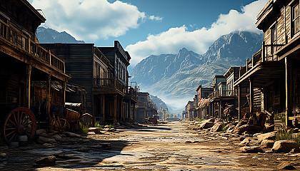 Old Western ghost town at high noon, with dusty streets, saloons, abandoned gold mines, and tumbleweeds rolling by.