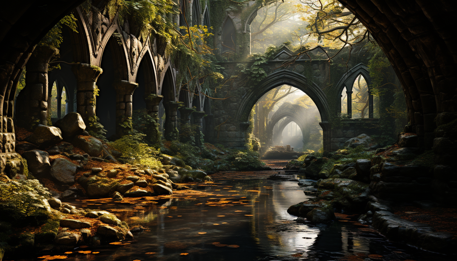 Mystical Celtic forest in autumn, with ancient ruins, fog, a winding stream, and deer grazing in the clearing.