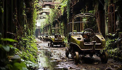 Abandoned amusement park overtaken by nature, with rusty rides, overgrown paths, and a hauntingly beautiful atmosphere.