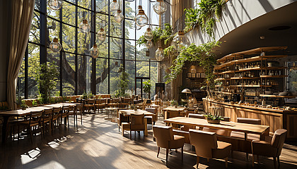 Modern coffee shop interior with minimalist design, large communal tables, a variety of plants, and baristas crafting artisanal drinks.