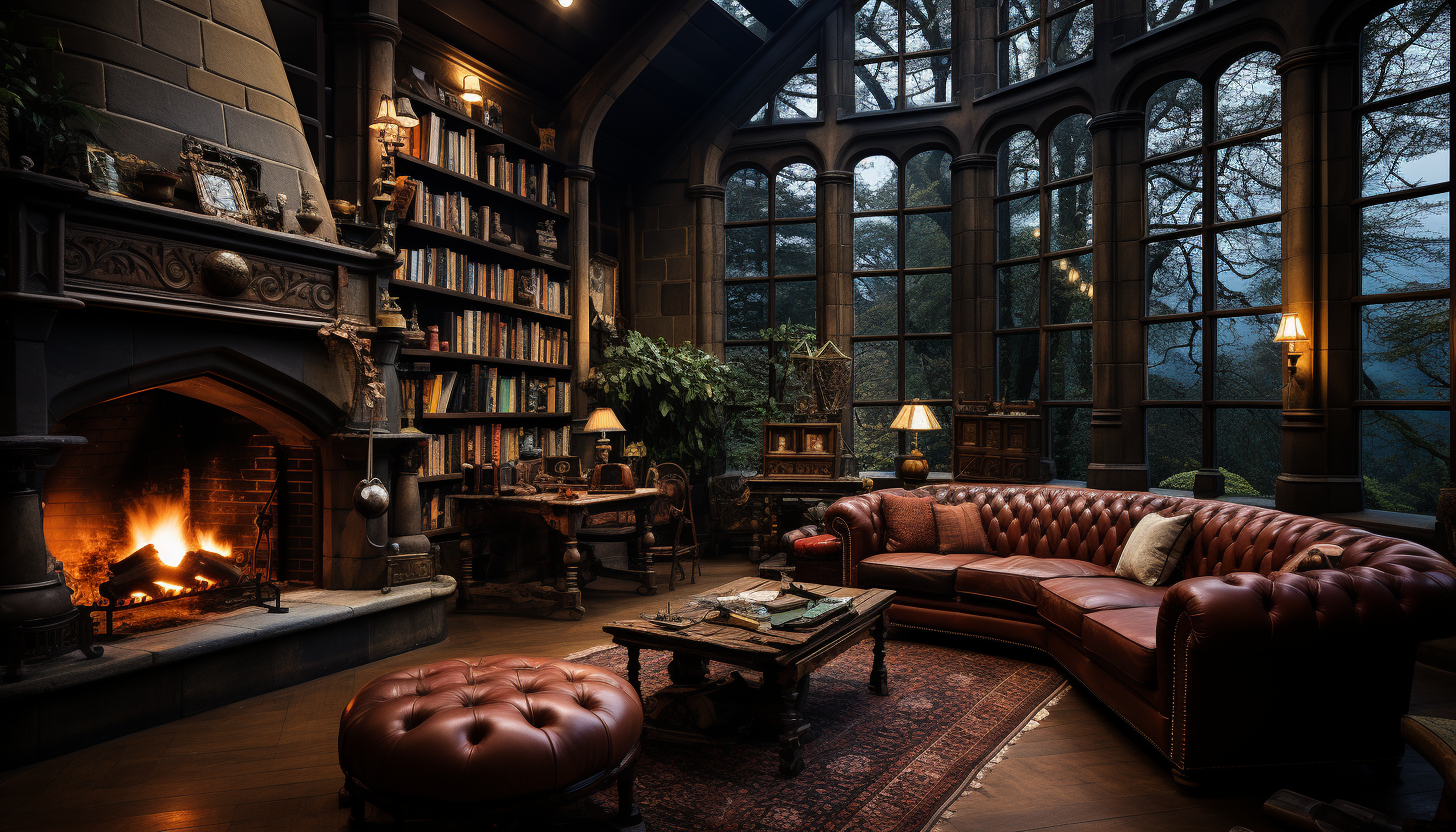 Old library with towering bookshelves, a grand fireplace, antique furniture, and a large window with a view of a moonlit garden.