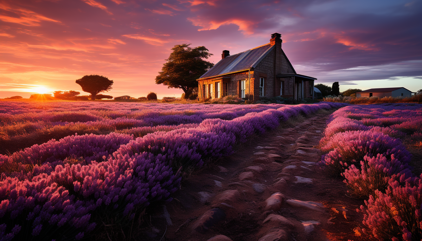 Lavender fields at dawn, with rows of purple blooms, a rustic farmhouse in the distance, and bees buzzing around.