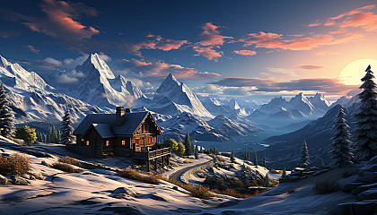 Cozy mountain cabin in winter, surrounded by snow-covered pine trees, with smoke rising from the chimney and a clear view of the snowy peaks.