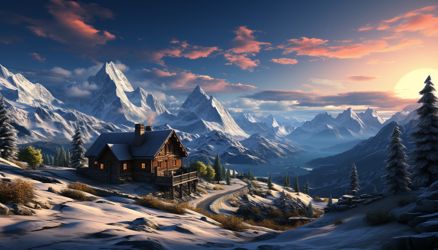 Cozy mountain cabin in winter, surrounded by snow-covered pine trees, with smoke rising from the chimney and a clear view of the snowy peaks.