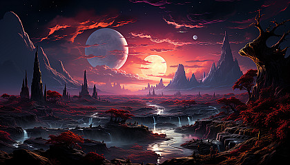 An alien landscape from a distant, colorful exoplanet.