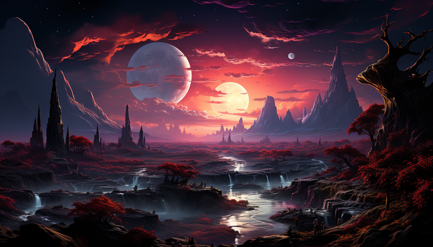 An alien landscape from a distant, colorful exoplanet.