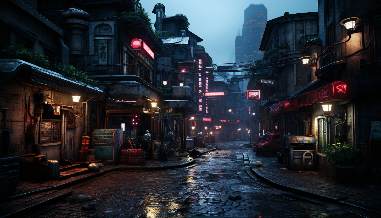 Cyberpunk alleyway in a neon-lit city, with graffiti walls, street vendors, augmented humans, and futuristic technology.