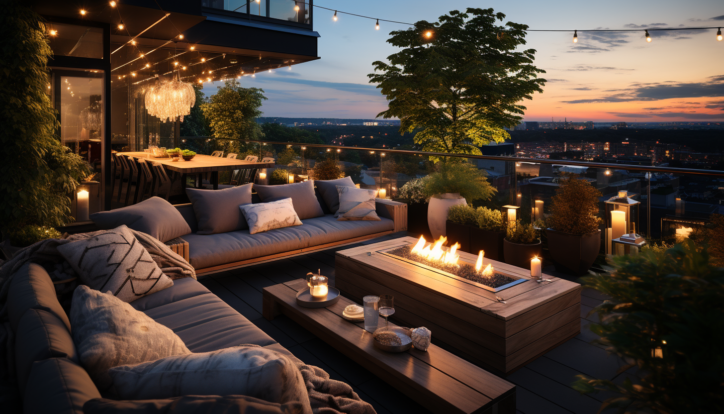 Modern urban rooftop garden, with lush greenery, comfortable lounge areas, panoramic city skyline, and string lights at dusk.