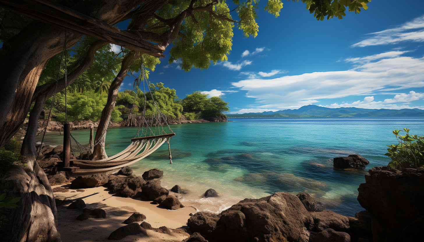 Idyllic Caribbean beach at sunset, with palm trees, hammocks, crystal clear water, and a small boat sailing in the distance.