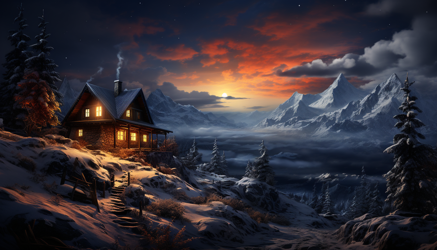 Cozy mountain cabin in winter, surrounded by snow-covered pines, smoke rising from the chimney, and a starry night sky.