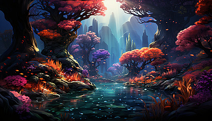 Vibrant coral garden underwater, teeming with colorful sea anemones, clownfish, a gentle sea turtle, and sunken treasure.