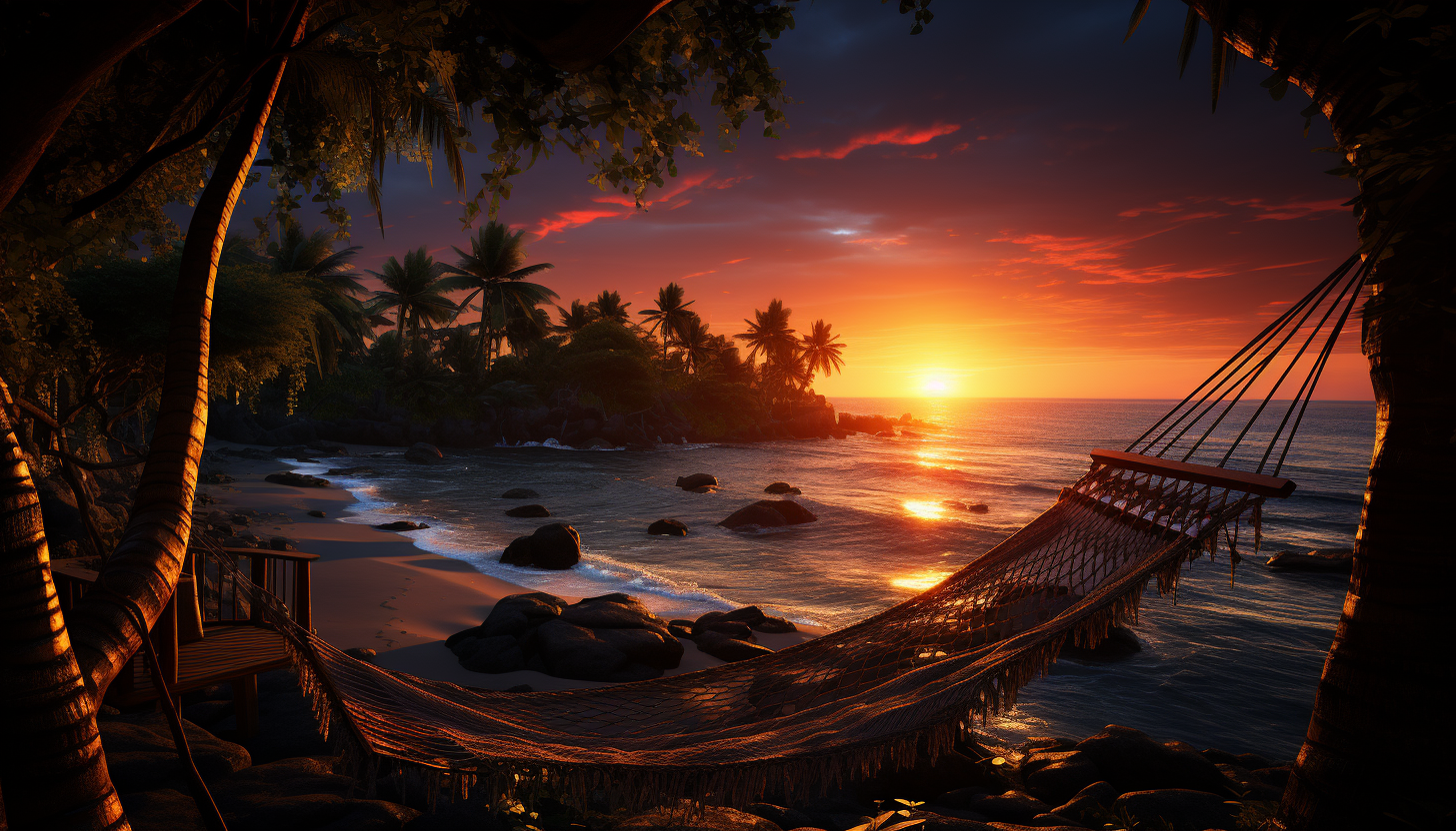 Lush tropical island paradise at sunset, with palm trees, white sandy beaches, hammocks, and a small hut overlooking the turquoise ocean.