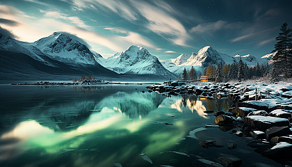 Northern Lights over a traditional Scandinavian village, with snow-covered cottages, a frozen lake, and reindeer grazing.