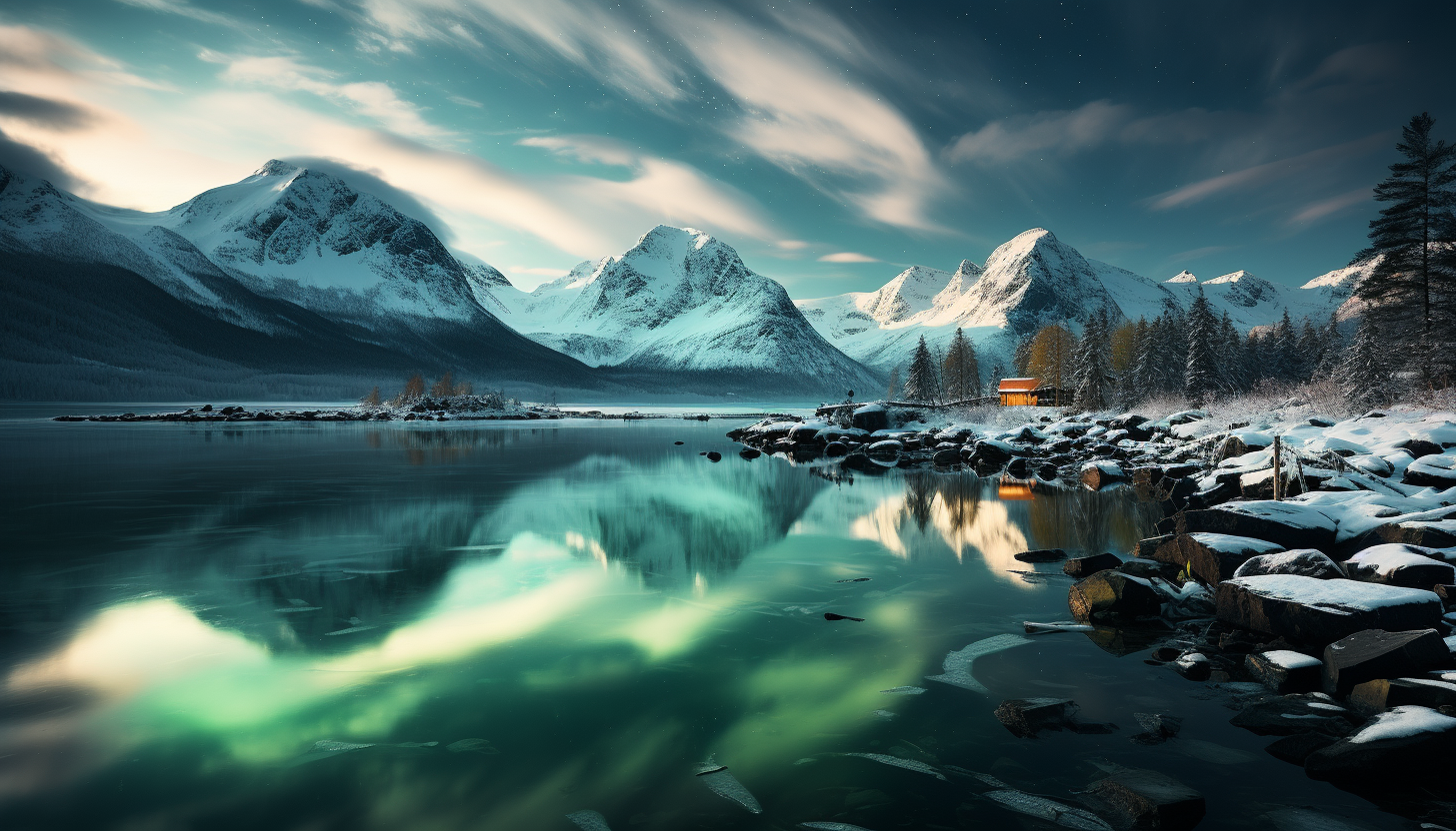 Northern Lights over a traditional Scandinavian village, with snow-covered cottages, a frozen lake, and reindeer grazing.