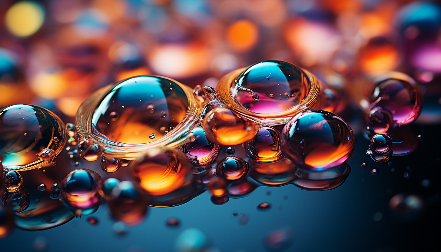 Close-up of iridescent bubbles reflecting the surrounding colors.
