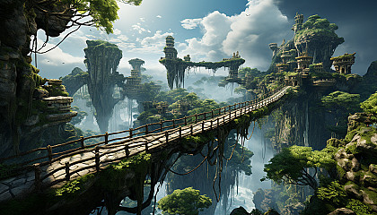 Mystical floating islands in the sky, connected by rope bridges, with waterfalls cascading into the clouds and a diverse ecosystem of flora and fauna.