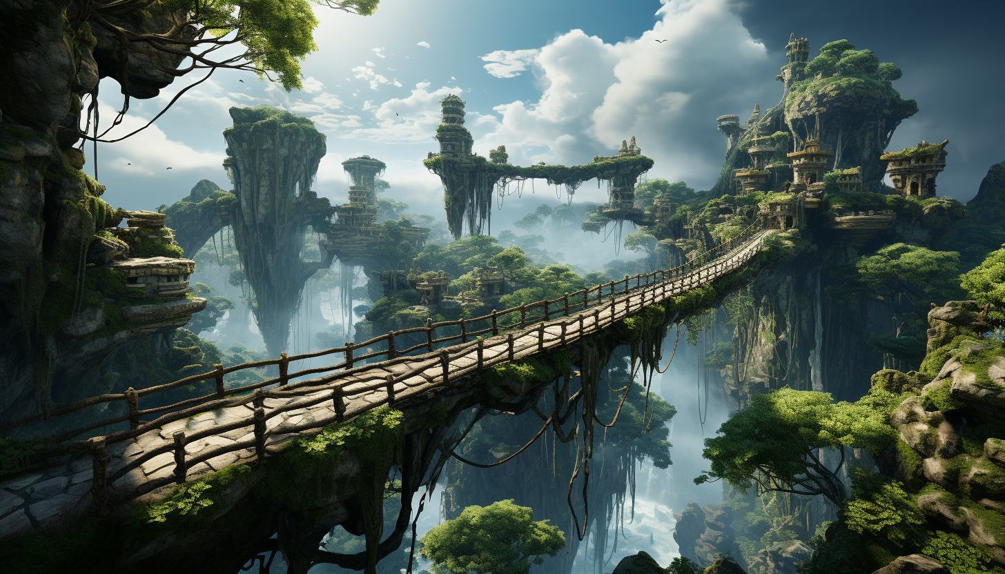 Mystical floating islands in the sky, connected by rope bridges, with waterfalls cascading into the clouds and a diverse ecosystem of flora and fauna.