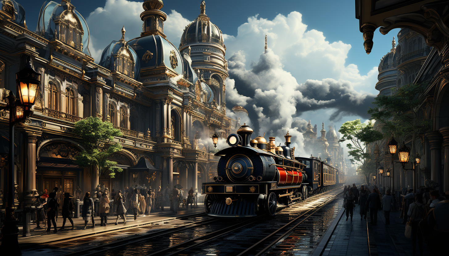 Victorian-era train station, with steam engines, elegantly dressed travelers, ornate ironwork, and a grand clock tower.