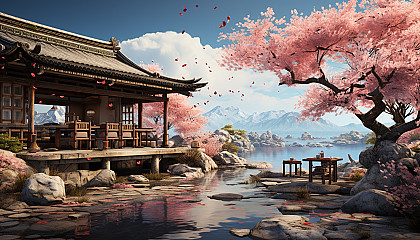 Traditional tea garden in spring, with blooming cherry blossoms, stone pathways, a tranquil pond, and tea ceremony in progress.