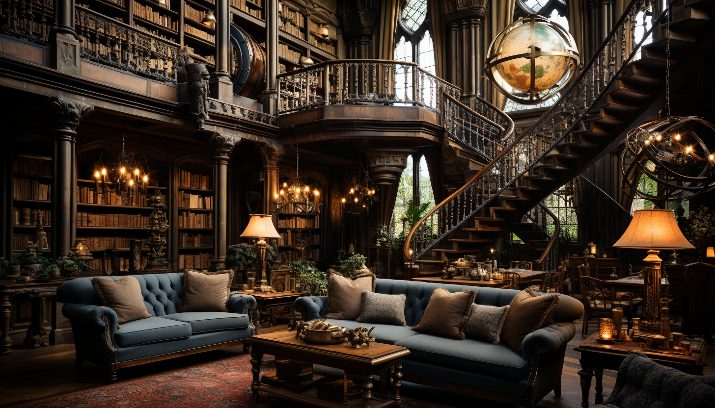 Grand library with towering bookshelves, a spiral staircase, antique globes, and cozy reading areas with classic armchairs.