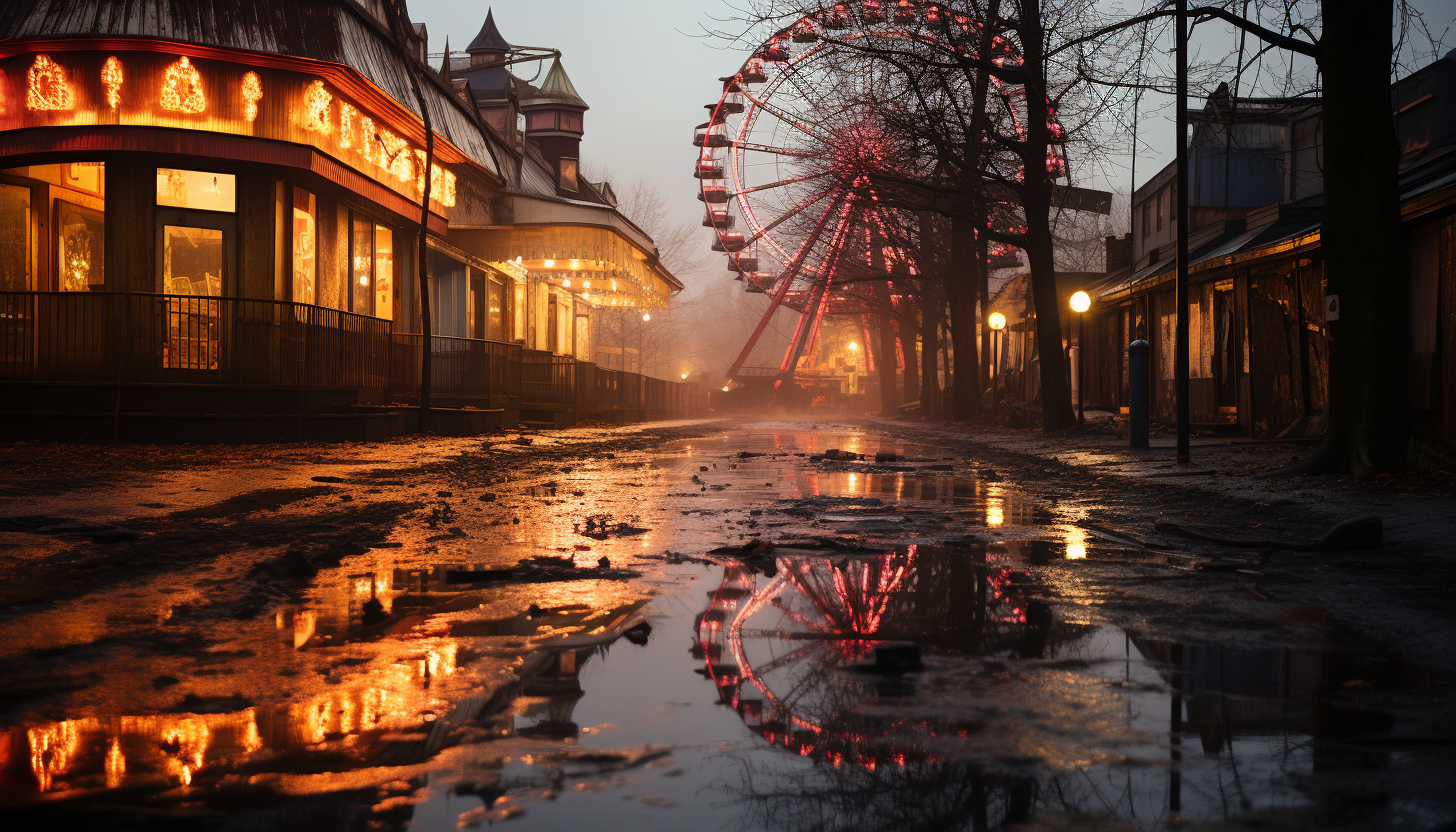 Abandoned amusement park at dusk, with overgrown ferris wheel, carousel horses, and a hauntingly beautiful atmosphere.