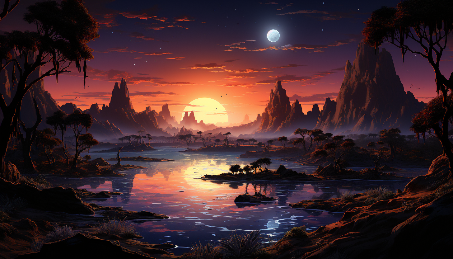 Mystical desert oasis at twilight, with a tranquil pool, palm trees, camels resting, and a caravan of travelers under a star-filled sky.