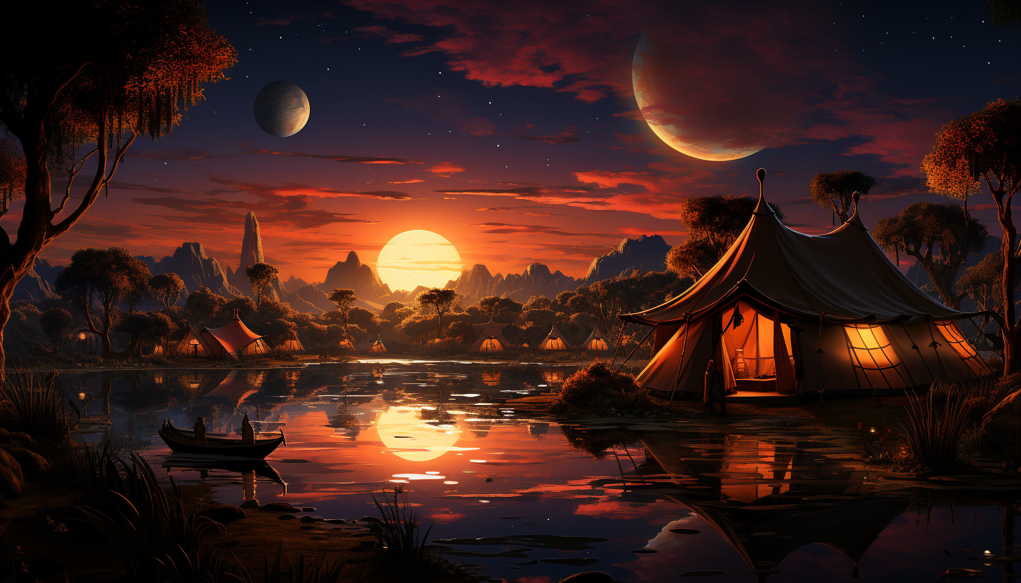 Desert oasis at sunset, featuring a tranquil pond, palm trees, camels resting, and a Bedouin tent under a starry sky.