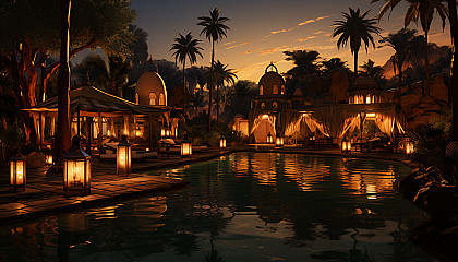 Oasis in the desert at night, featuring a tranquil pool, palm trees, starry sky, and Bedouin tents with flickering lanterns.