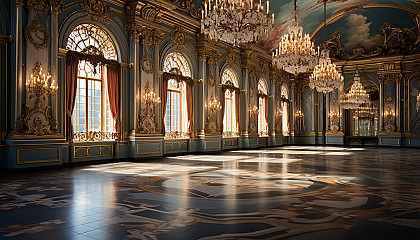 Lavish Renaissance ballroom, with elegant dancers, opulent chandeliers, and grand frescoes.