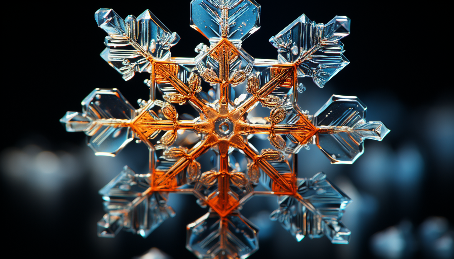 Microscopic view of crystalline structures in a snowflake.
